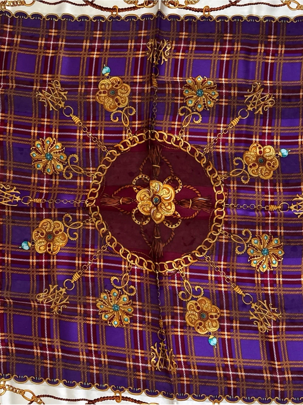 Vtg Dong-A Silk Sales Co Korea Scarf Purple Plaid Jewel Chain Tassel 34” Square